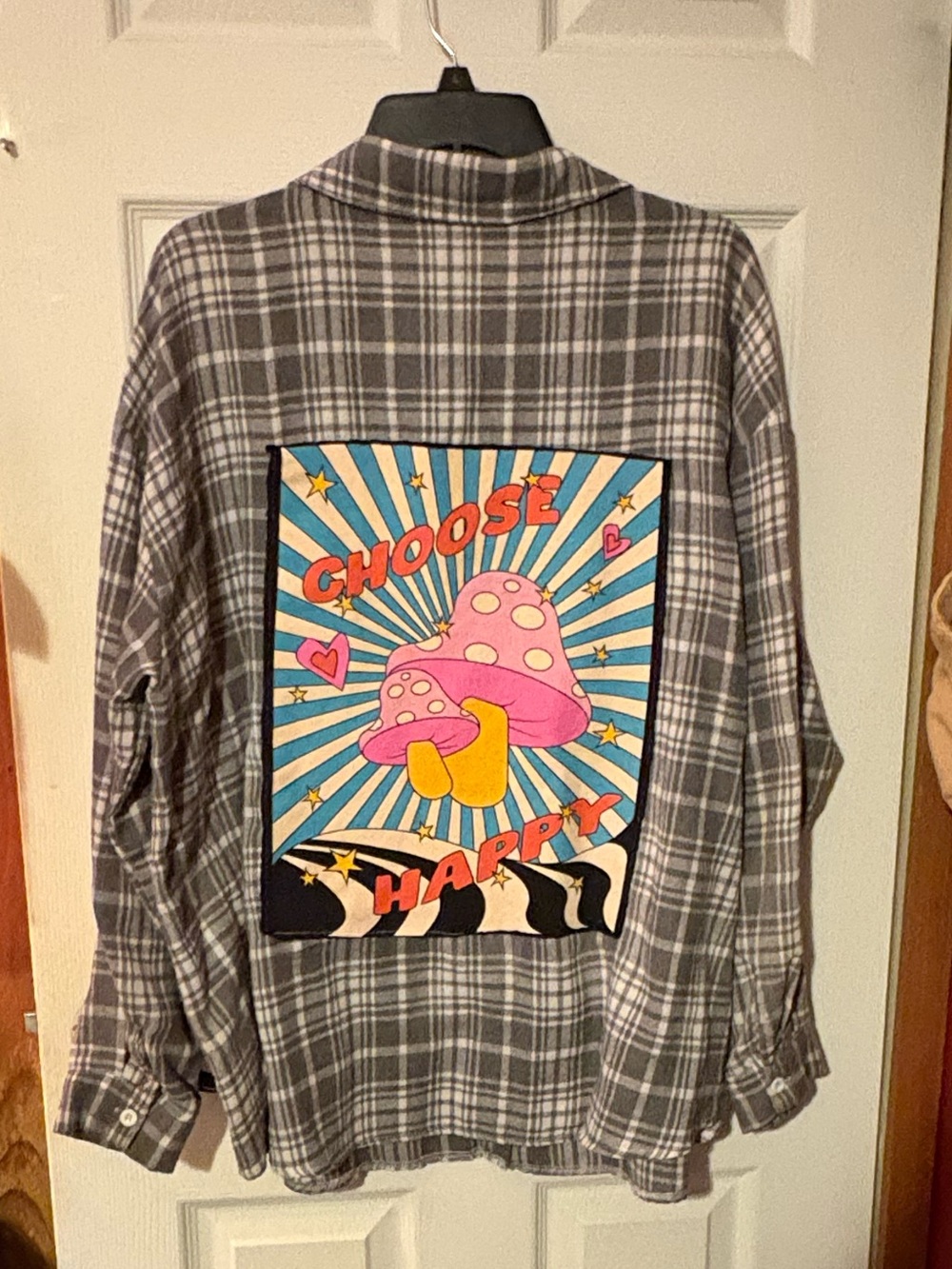 Gray Plaid Button-Up Shirt with Colorful Mushroom Patch